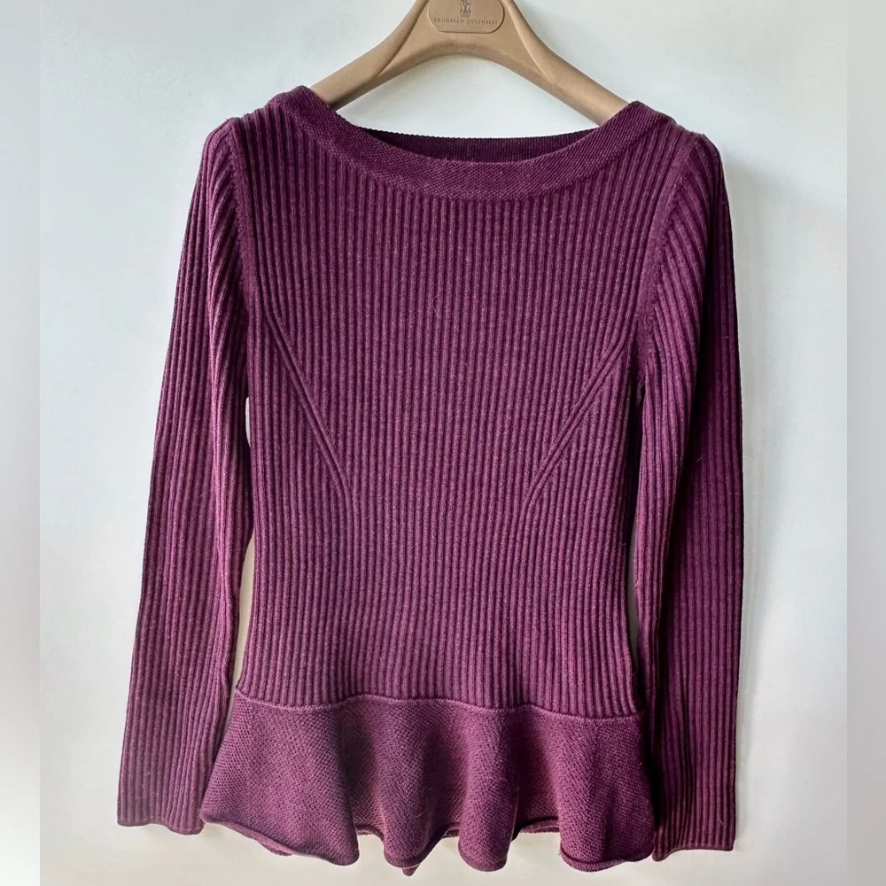 EUC Tory Burch Ramona Merino Peplum Sweater, Plum color, boat neck, size M